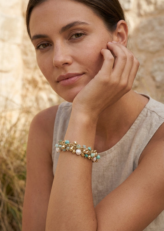 Envy Gold and pearl cluster bracelet with interlinked gold elements & softly irregular aqua pearls