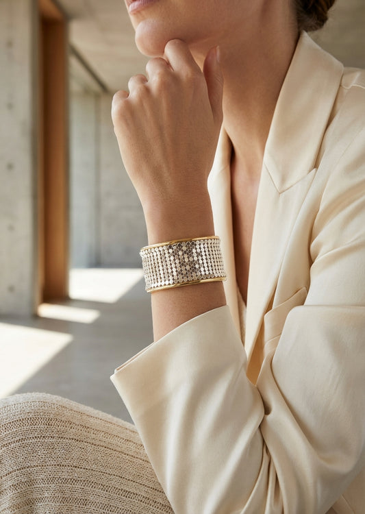 Envy Wide gold‑framed bracelet with a mesh of reflective silver discs
