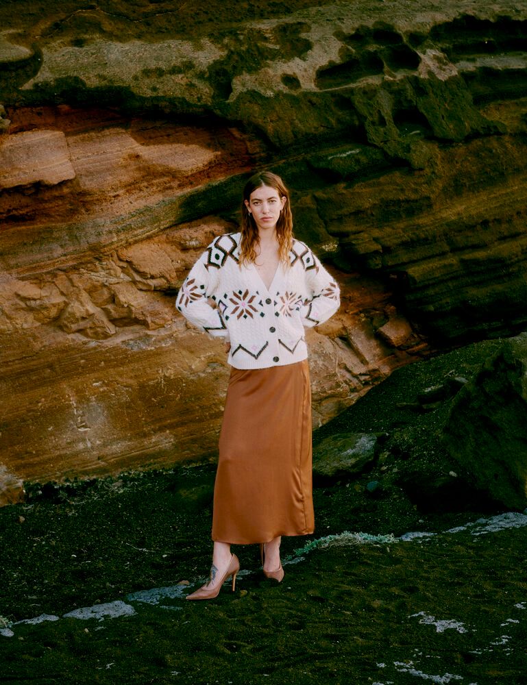 Tan Satin Look A-Line Midi Skirt