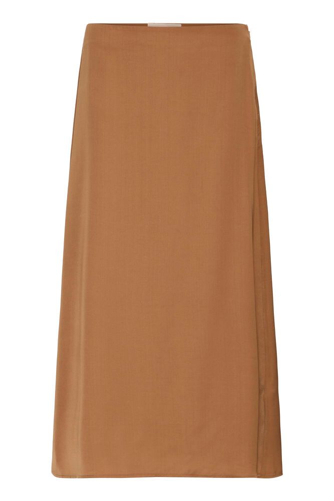 Tan Satin Look A-Line Midi Skirt