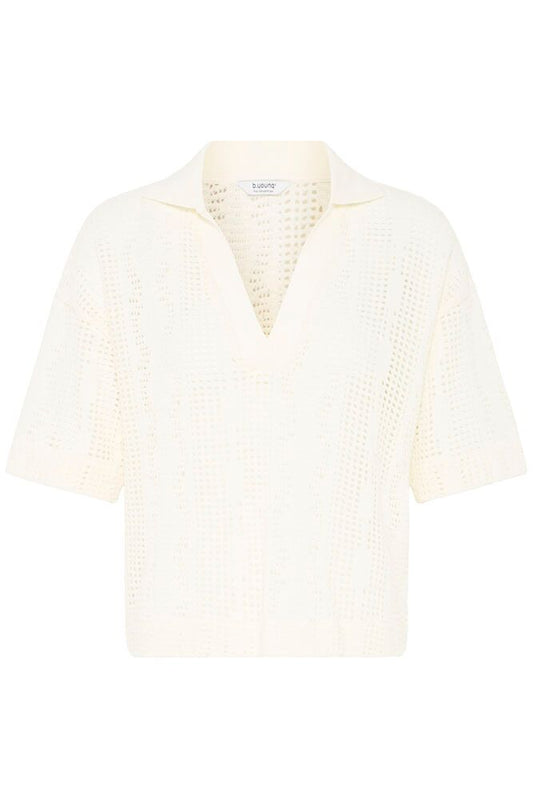 V Neck Cream Crochet Knit Polo Shirt