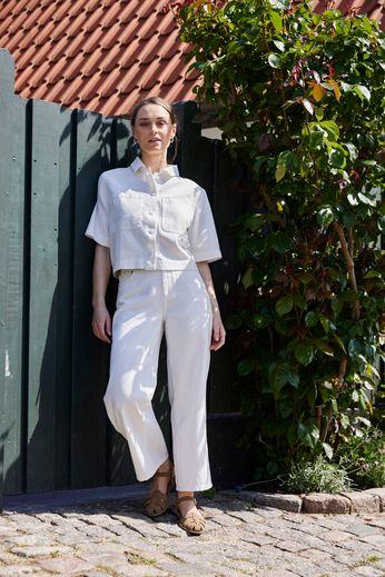 Cream Textured Wide Leg Trousers