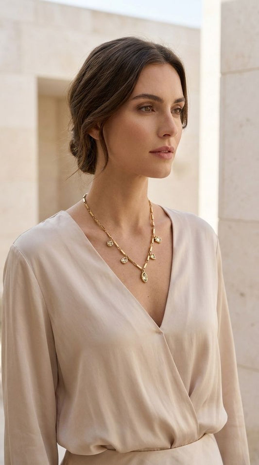 Short Gold Bar Chain Necklace with Smokey Grey Crystal Charm Pendants