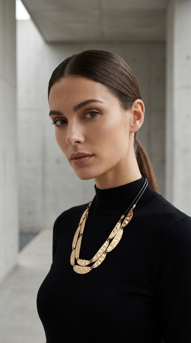 Short Taupe Cord Necklace with Battered Gold Detail