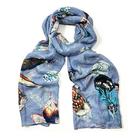 Blue and Multi Feather Print Scarf