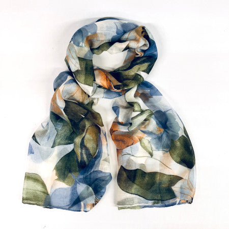 Blue, White & Green Floral Print Scarf