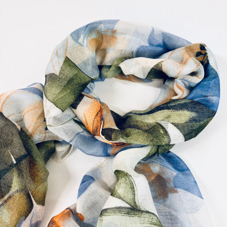 Blue, White & Green Floral Print Scarf